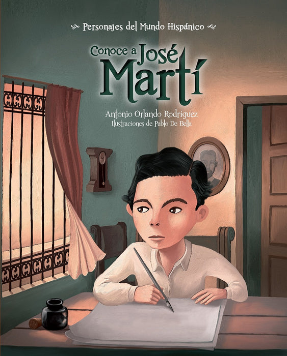 Book cover of Conoce a Jose Marti with an illustration of a man writing.