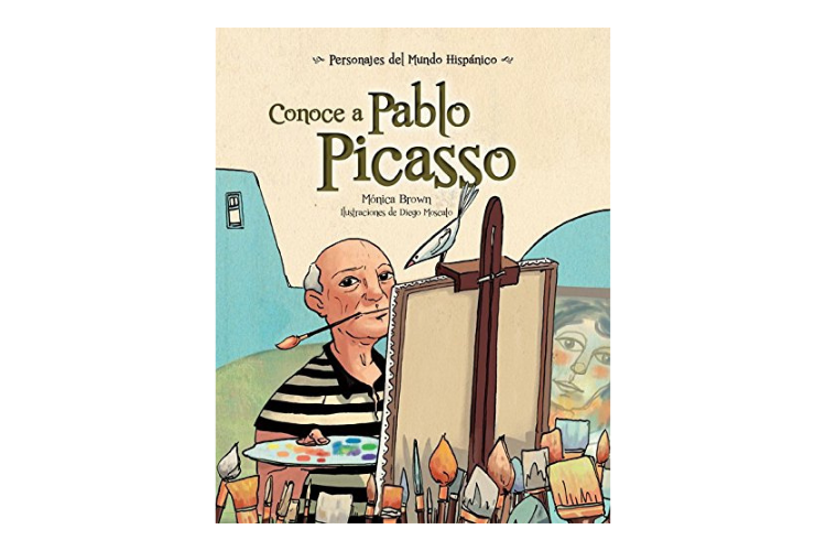 Book cover of Conoce a Pablo Picasso with an illustration of an old man painting.