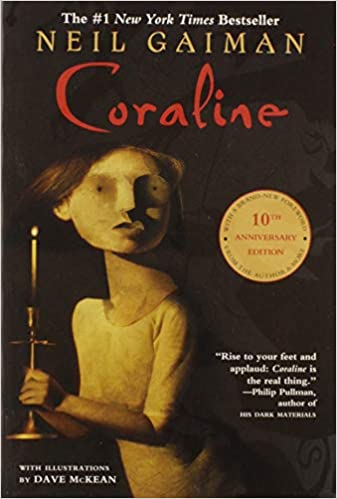 Book cover of Coraline with an illustration of a girl with button eyes holding a candle stick.