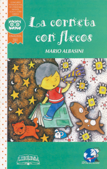 Book cover of La Corneta con Flecos with an illustration of a boy sitting on a book with his dog and cat.