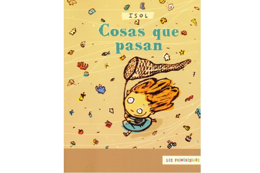 Book cover of Cosas que Pasan with an illustration of a child running with a net.