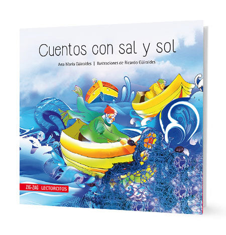 Book cover of Cuentos con Sal y Sol with an illustration of three small fishing boats out at sea.