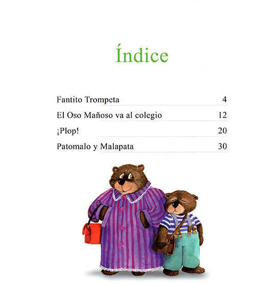 Index page of the book with an illustration of a mom and son bear dressed as humans.