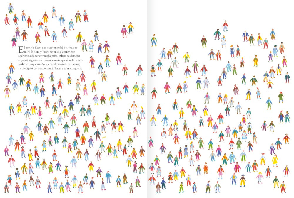 Inside page, one paragraph surrounded by drawings of lots of people in small sizes, each just barely bigger than the font size.