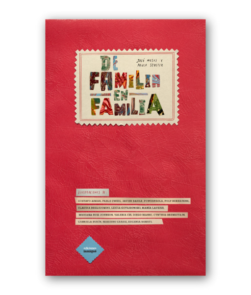 A red cover with the title of the book, De Familia en Familia.