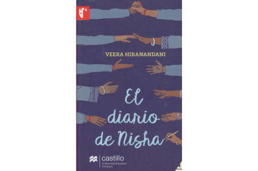 Book cover of El Diario de Nisha with an illustration of hands reaching out towards each other.
