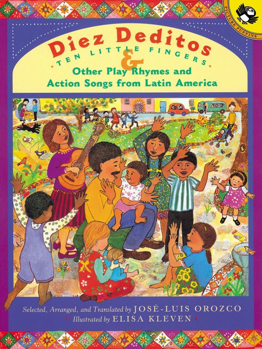Book cover of Diez Deditos and Other Play Rhymes and Action Songs From Latin America with an illustration of a group of people singing and dancing.