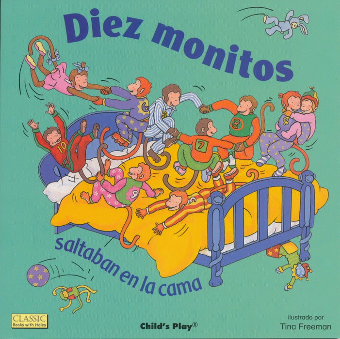 Book cover of Diez Monitos with an illustration of ten monkeys jumping on a bed.