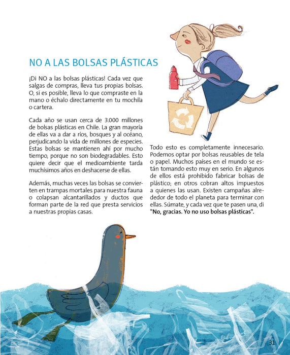 Inside page with illustration of a girl using a recyclable bag.