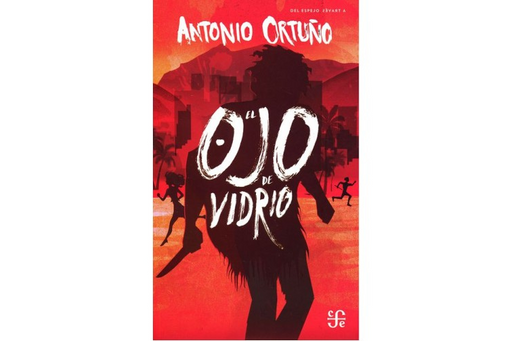 Book cover of El Ojo de Vidrio with an illustration of a person holding a knife in the foreground while people are running in their city in the background.