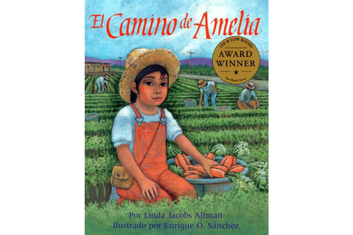 Book cover of El Camino de Amelia with an illustration of a child picking carrots in a field.
