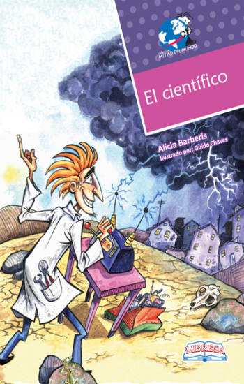 Book cover of El Cientifico with an illustration of a scientist using electricity and looking at a dark cloud lighting striking over a city.