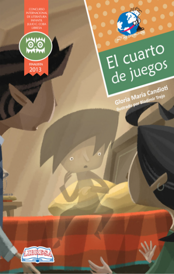 Book cover of El Cuarto de Juegos with an illustration of a boy turning invisible in front of his parents.