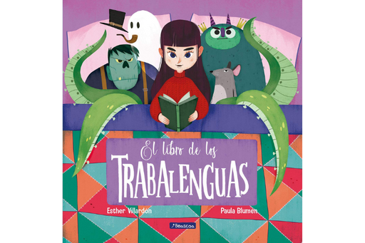 Book cover of El Libro de los Trabalenguas with an illustration of a girl with a book surrounded by monsters.