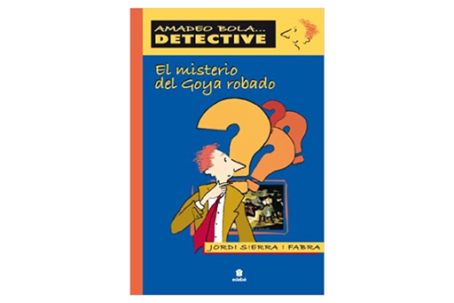 Book cover of El Misterio del Goya Robado with an illustration of a man with question marks behind him.