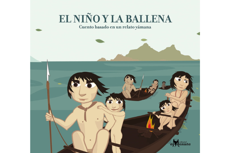 Book cover of El Nino y la Ballena with an illustration of a family in a boat, paddling.