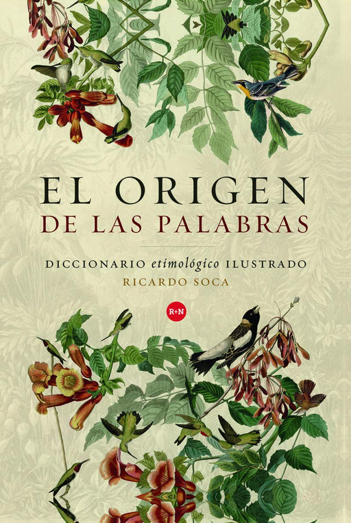 Book cover of El Origen de las Palabras with an illustration of leaves with a bird on them.