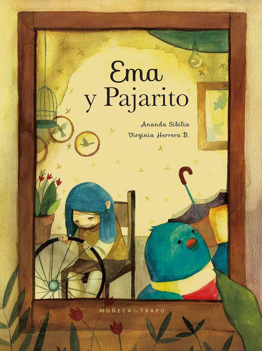 Book cover of Ema y Pajarito with an illustration of an older woman and a bird cleaning.