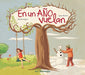 Book cover of En un ano Vuelan with an illustration of a girl on a swing in spring on one half, a boy building a snowman in winter on the other half.
