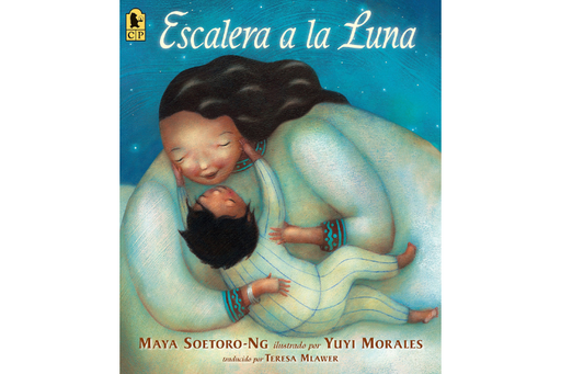 Book cover of Escalera a la Luna with an illustration of a mother holding her child.