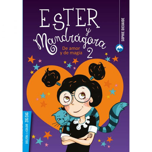 Book cover of Ester y Mandragora de Amor y de Magia with an illustration of a girl with a cat on her shoulders. 