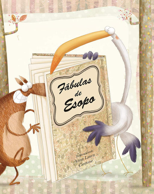 Book cover of Fabulas de Esopo with an illustration of a bird closing a book on another animal.