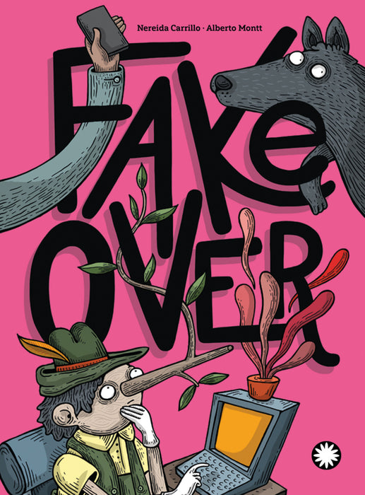 Book cover of Fake Over with an illustration of Pinocchio sitting at a computer.