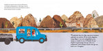 Photo of the inside of the book with an illustration of a car driving down the road in the desert.