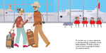 Photo of the inside of the book containing illustrations of two people in an airport with their luggage.