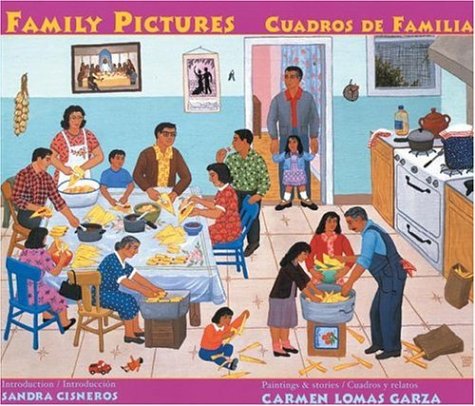 Book cover of Family Pictures/Cuadros de Familia with an illustration of a family eating and cooking together.