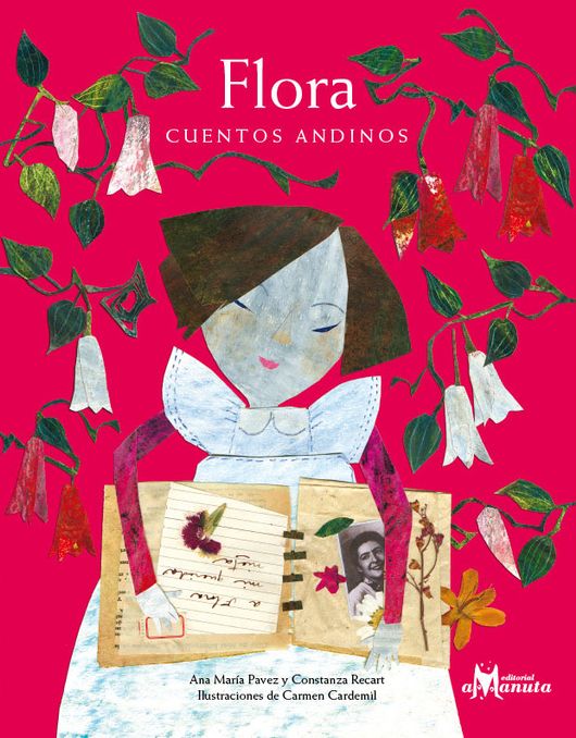 Book cover of Flora, Cunetos Andinos with an illustration of  shows a girl reading a scrapbook.