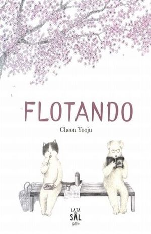 Book cover of Flotando with an illustration of a dog and a cat sitting on a bench.