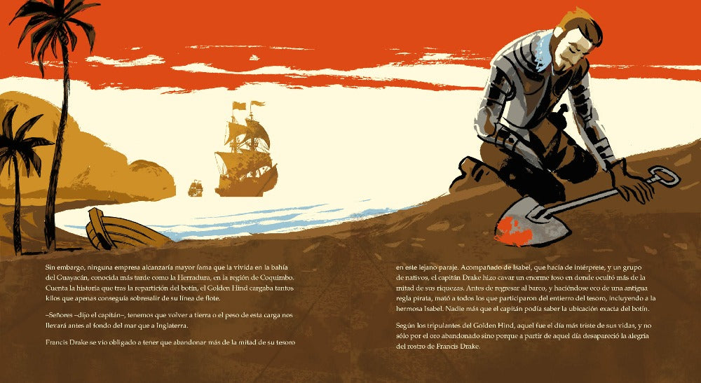 Inside pages show text and a man and a shovel on an island.