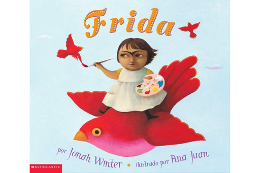 Book cover of Frida with an illustration of little Frida Kahlo sitting on a bird, painting.