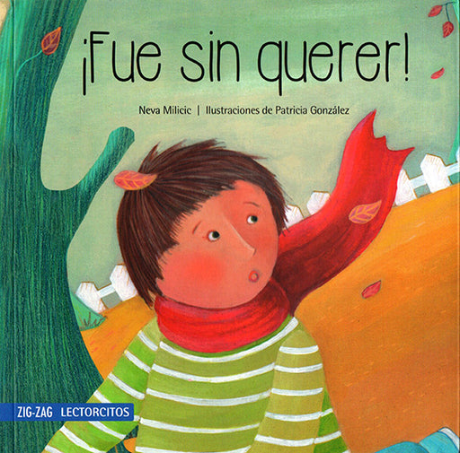 Inside book cover of Fue sin Querer with an illustration of a person with a red scarf in the fall.