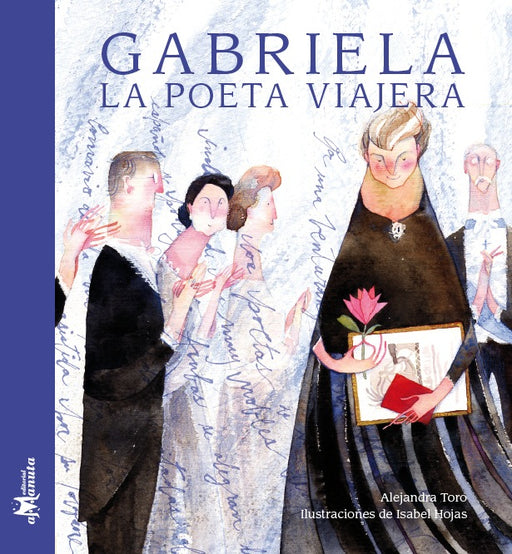 Book cover of Gabriela la Poeta Viajera with an illustration of five different people.