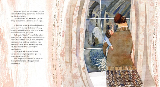 Inside page shows text and an illustration of a woman holding a baby, looking out a window.
