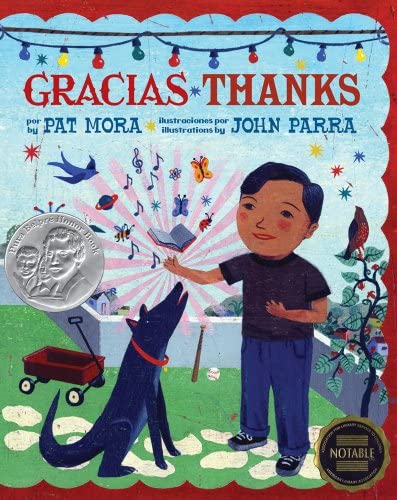 Book cover of Gracias with an illustration of a boy holding a book.