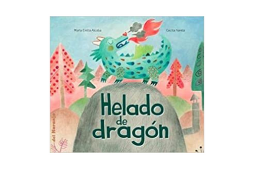 Book cover of Helado de Dragon with an illustration of a dragon on a rock.