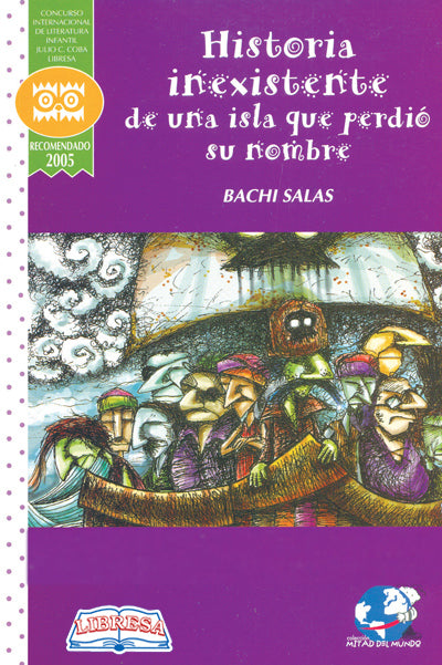 Book cover of Historia Inexistente de una isla que Perdio su Nombre with an illustration of a group of people on a boat.