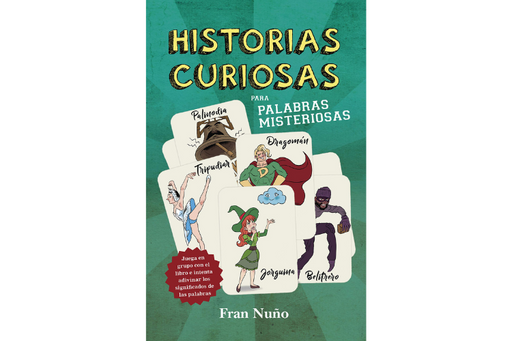 Book cover of Historias Curiosas with illustrations of flashcards with characters on them.