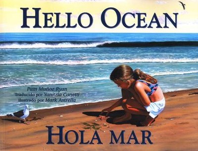 Book cover of Hola Mar/Hello Ocean with an illustration of a girl at the beach.