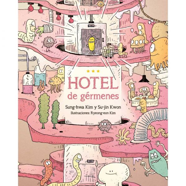 Book cover of Hotel de Germenes with an illustration of germs staying in rooms.