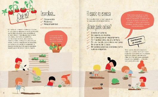 inside pages illustrate children gardening