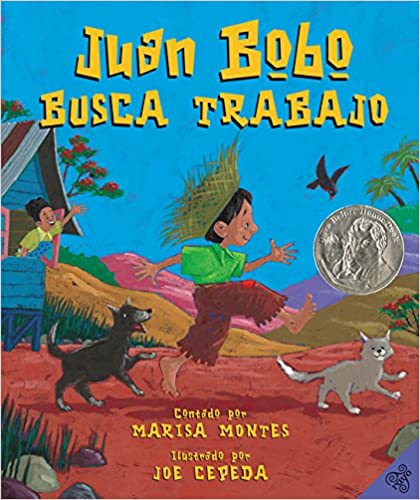 Book cover of Juan Boba Busca Trabajo with an illustration of a boy in a straw hat walking away from his house with his two dogs, leaving behind his waving mother.
