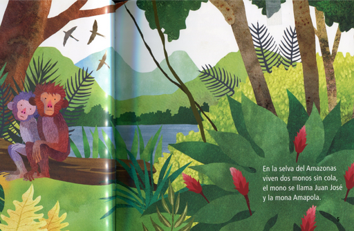 Inside pages shows text and an illustration of two monkeys in the jungle.
