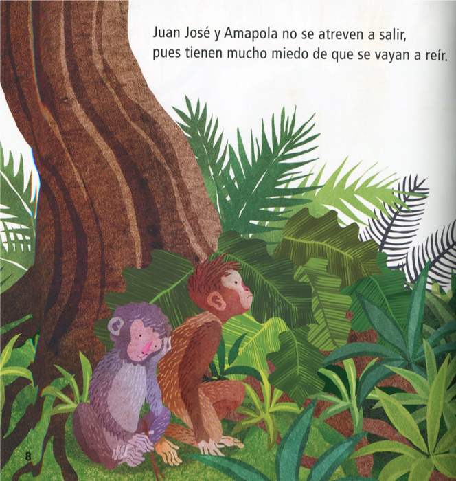 Inside page of book shows text and an illustration of two monkeys sitting next to a tree.