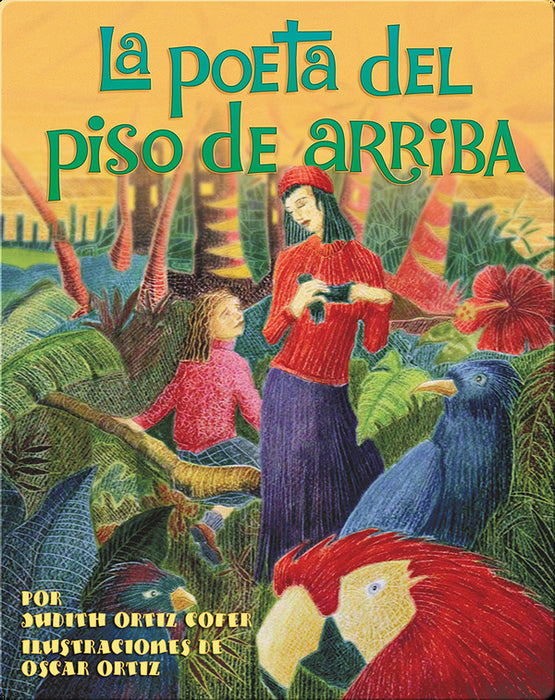 Book cover of La Poeta del Piso de Arriba with an illustration of an adult and a girl surrounded in the forest by animals.