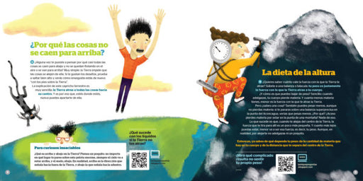 inside pages illustrates a boy outside earth and a girl climbing a mountain
