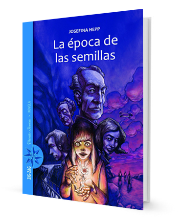 Book cover of La Epoca de las Semillas illustrates a purple storm clouds and people gathered around a girl who has a flower growing and glowing in her hand.